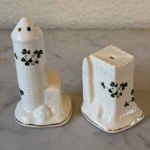 Vtg. Irish Castles, Shamrock Salt & Pepper Shakers, Carrigaline Pottery, Ireland